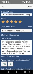 Example of how consumers complete a ratings and reviews on the Caddle mobile platform.